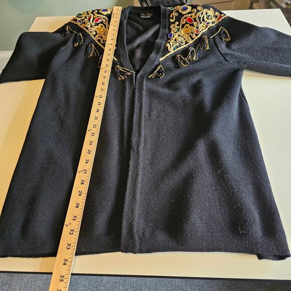 Vintage Diane Freis Jeweled Tasseled Embroidered Black Wool Cardigan Size L/XL - Picture 5 of 10